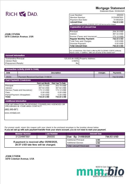 USA Rich Dad Bank wyciąg z kredytu hipotecznego w formatach Word i PDF